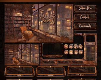 May include: An animated stream pack with a cozy library theme. The design features a warm color palette with a library scene, a window view of a city street, and various overlay elements. Text includes "animated stream pack", "Starting Soon", and other labels.