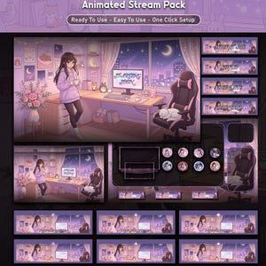 アニメーション付き居心地の良いローファイアニメガールルームTwitchストリームオーバーレイパッケージ：パープルナイト美学Vtuber