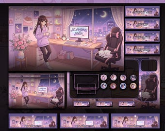 Animated Cozy Lofi Anime Girl Room Twitch Stream Overlay Package : Purple Night Aesthetic Vtuber