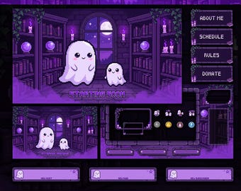 Animated Twitch Stream Overlay Pack Pixel Art Cute Ghost Magic Purple Cozy Retro Gaming Assets