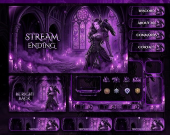 Animated Purple Dark Fantasy Stream Overlay Pack, Gothic Cathedral Twitch Screens For VTuber