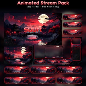 May include: Animated stream pack with a Japanese-inspired design. The artwork features a red and black colour scheme with a full moon, pagodas, and a bridge. Includes animated overlays, panels, and a "Streaming Soon" screen.