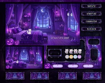 Spooky Purple Bedroom Animated Stream Pack with Cute White Cat | Halloween Twitch Overlays