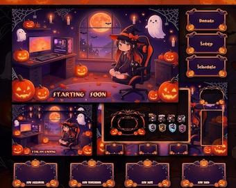 Animated Halloween Stream Pack Cute Witch Twitch Overlay Kawaii Spooky Stream Alerts For VTuber