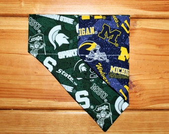 A House Divided (MSU/UofM)-Over the Collar Dog Bandana/Scarf, Reversible, University of Michigan, Michigan State University, Football