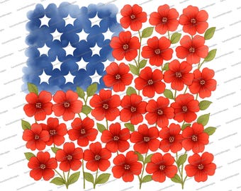 American Flag Floral PNG | 4th July Design Png | Flower Brushstroke PNG | USA Flag | Patriotic | Sublimation Design | Digital Download