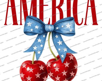 America Cherries PNG | Cherry Bow Png | Preppy USA png | 4th of July | Retro America Png | Sublimation Design | Digital Download