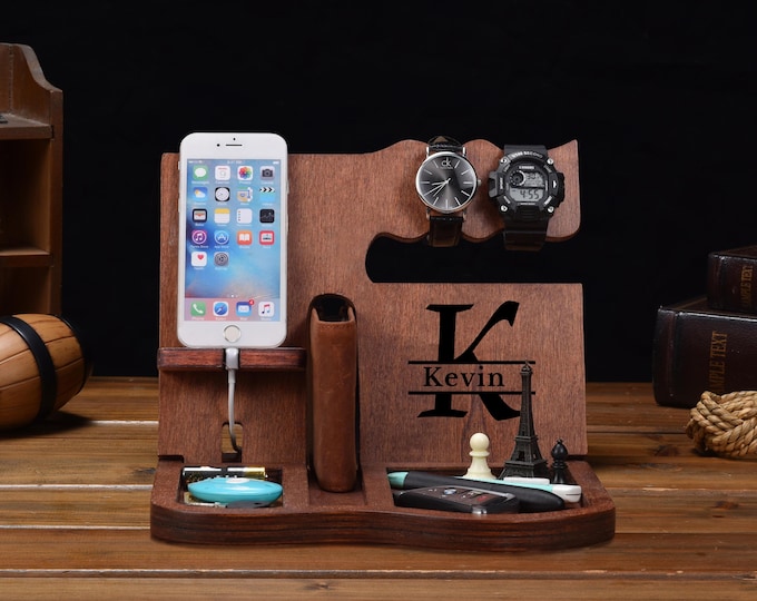 Personalized Wooden Docking Station, Nightstand Organizer, Men's Gift