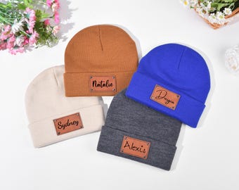 Personalized Knit Baby Beanie with Engraved Leather Name Patch