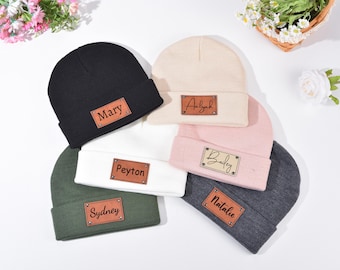 Knitted Baby Beanie: Personalized Winter Hat with Leather Name Patch
