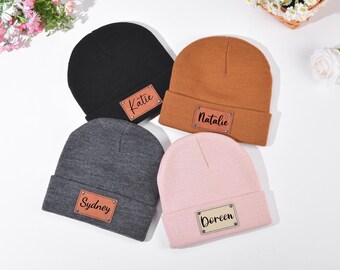 Personalized Knit Baby Beanie: Custom Leather Name Patch Winter Hat