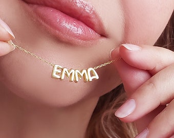 14k Gold 3D Bubble Letter Name Necklace, Bubble Name Initial Necklace, Custom Name Necklace, Dainty Gold Balloon Letter Necklace