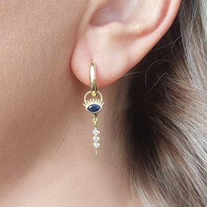 Blue Evil Eye Huggie Earrings, 925 Silver Cubic Zirconia Gemstone, Gold Vermeil Drop Earring, Evil Eye Earring, Gifts for Mom