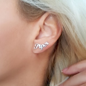 Brincos de nome de prata personalizados, brincos de nome de ouro, brincos de nome personalizados, brincos manuscritos, brincos delicados, presente para ela