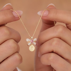 Personalized Bow Necklace, Cute Ribbon Necklace, Custom Bow Necklace, Letter Pendant, Pink Heart Necklace, Delicate Necklace, Dainty Charm