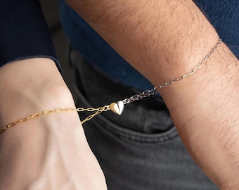 Magnetic Heart Couple Bracelet: Gold Plated Sterling Silver Matching Set