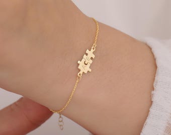Personalized Puzzle Piece Bracelet: Gold Plated Sterling Silver, Custom Initial Jewelry