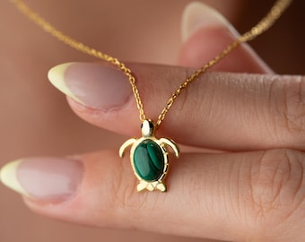 Sterling Silver Turtle Necklace: Malachite Stone, Sea Turtle Charm