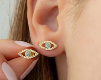 Sterling Silver CZ Evil Eye Stud Earrings: Dainty Protection Jewelry