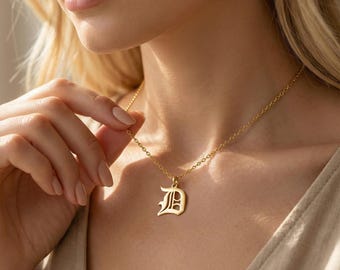 Old English Initial Necklace: Sterling Silver Gothic Letter Pendant