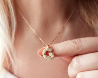 3D Pave Bubble Pendant Initial Necklace, Balloon Letter Gold Necklace, 14k Gold Filled Letter, Pave Personalized Bubble Necklace