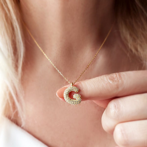 3D Pave Bubble Pendant Initial Necklace, Balloon Letter Gold Necklace, 14k Gold Filled Letter, Pave Personalized Bubble Necklace