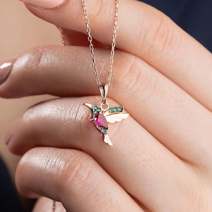 Colorful Gemstone Silver Hummingbird Necklace: Handmade Bird Jewelry