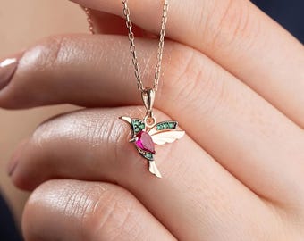 Colorful Gemstone Silver Hummingbird Necklace: Handmade Bird Jewelry