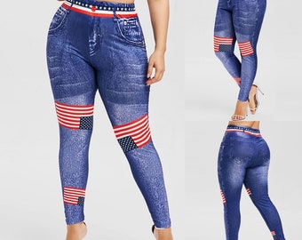 Women High Waist long Pants Plus Size 3D Jean Print American Flag Leggings Casual Pant Legging Athletic