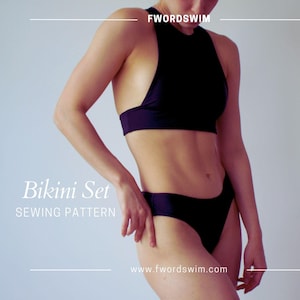 May include: A black bikini set sewing pattern. The pattern includes a halter top and high-waisted bottoms. The pattern is available for download on the website fwordswim.com.