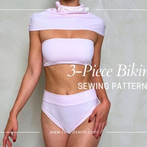 May include: A light pink 3-piece bikini sewing pattern. The bikini includes a bandeau top, high-waisted bottoms, and a matching top with a high neck and cut-out shoulders. The text "3-Piece Bikini SEWING PATTERN" is displayed in white.