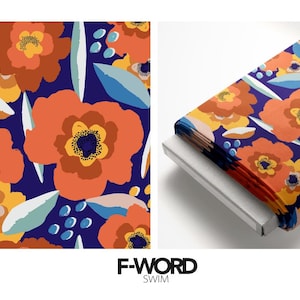 Eco-Friendly Retro Floral Fabric on Dark Blue Background Red Flowers– Recycled Spandex Fabric for Swimwear, Activewear & More Carvico