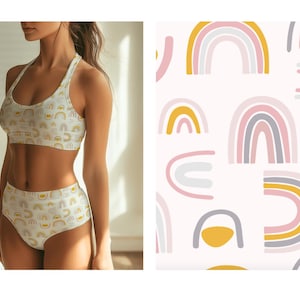 Eco-Friendly Pastel Rainbow Pattern Fabric & Activewear – Boho Minimalist Pink Yellow Gray Arches – Spandex for Swimwear, Leggings, and More