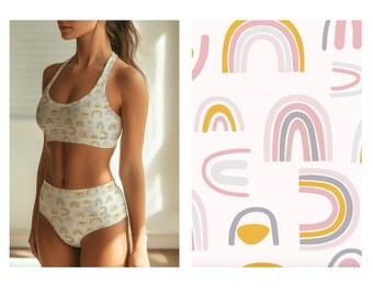 Eco-Friendly Pastel Rainbow Pattern Fabric & Activewear – Boho Minimalist Pink Yellow Gray Arches – Spandex for Swimwear, Leggings, and More
