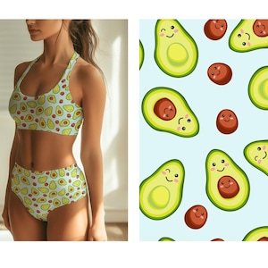 Kawaii Avocado Print Fabric – Recycled Spandex for Cute Swimwear, Activewear & Kawaii Clothing Eco Friendly Lycra 4 way stretch