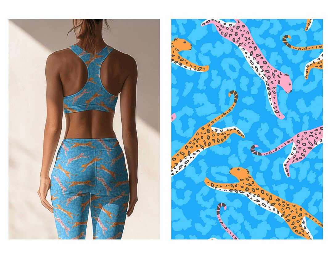 Custom Printed Recycled Fabric – Leaping Leopards on Blue | Swimwear ...