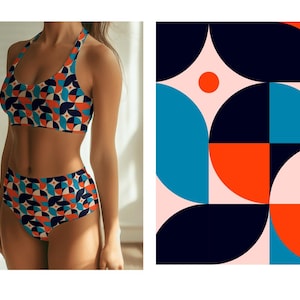 Retro Geometric Print Fabric – Eco-Friendly Recycled Spandex | Bold 70s-Inspired Design for Swimwear, Activewear & More