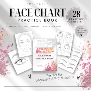 May include: A printable face chart practice book featuring 28 practice sheets. The cover displays the text MAKEUP FACE CHART PRACTICE BOOK with pink powder graphics. Included are sheets showing facial outlines, eye details, and eyebrow shapes.