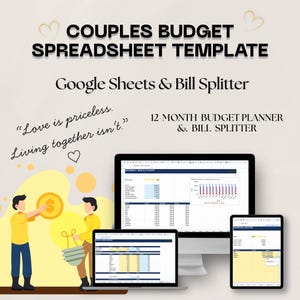 Könnte beinhalten: Eine digitale Budget-Tabellenvorlage für Paare für Google Sheets und Rechnungsaufteilung. Die Anzeige zeigt einen 12-Monats-Budgetplaner, Finanzdiagramme und den Text: "Love is priceless. Living together isn't." Enthält Illustrationen von zwei Personen mit einer Münze und einer Glühbirne.