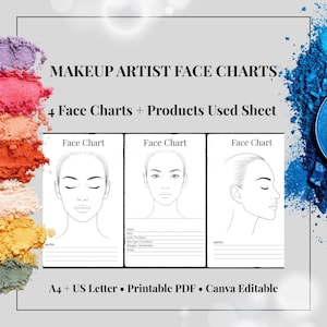 May include: A digital set of makeup artist face charts featuring three white templates with black line drawings of faces. The text reads MAKEUP ARTIST FACE CHARTS, 4 Face Charts + Products Used Sheet, and A4 + US Letter. Colourful powder pigments frame the sides.