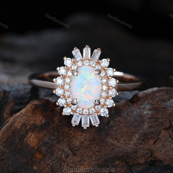 Oval Shaped Opal Engagement Ring, Double Halo Simulated Diamond Ring, Promise Women Ring, Opal Bridal Ring, Handmade Statememt Ring