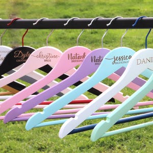 Colored Wooden Hanger, Personalized Bridesmaid Hangers, Wedding Hanger Gifts, Engraved Wooden Hanger, Custom Engraved Hangers