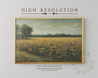 Vintage Sunflower Field Landscape Art, Farmhouse Floral Oil Painting (Digital Download)