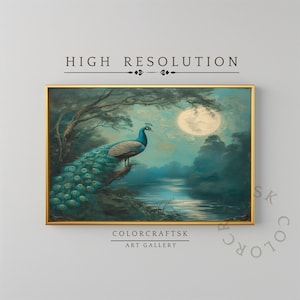 Printable Peacock Landscape Painting, Forest Landscape Wall Art, Moon Night Peacock Print, Rustic Farmhouse Wall Decor, Instant Download