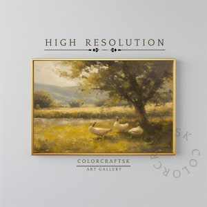Vintage Countryside Geese Painting, Spring Landscape Print, Rustic Wall Art, Country Farmhouse Decor, Printable Art, Downloadable Prints
