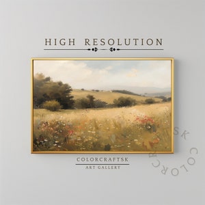 Printable Vintage Landscape Painting, Wildflower Field Painting,  Countryside Landscape Print, Living Room Wall Decor, Instant Download