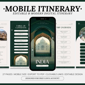 Op de afbeelding: Een mobiel telefoonscherm met een digitale reisroute voor een reis naar India. De reisroute bevat een inhoudsopgave, een reisoverzicht en dagschema's. Het telefoonscherm is omgeven door een groene achtergrond met een gouden boog en een afbeelding van de Taj Mahal.