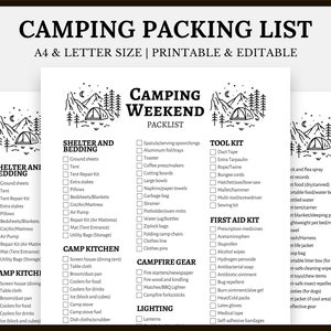 Może przedstawiać: Czarno-biała, drukowalna lista kontrolna do campingu z ilustracją góry i namiotu. Lista kontrolna zawiera kategorie: schronienie i pościel, kuchnia kempingowa, sprzęt do ogniska, zestaw narzędzi, apteczka pierwszej pomocy i oświetlenie.