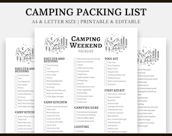 May include: A black and white printable camping checklist with a mountain and tent illustration. The checklist includes categories for shelter and bedding, camp kitchen, campfire gear, tool kit, first aid kit, and lighting.