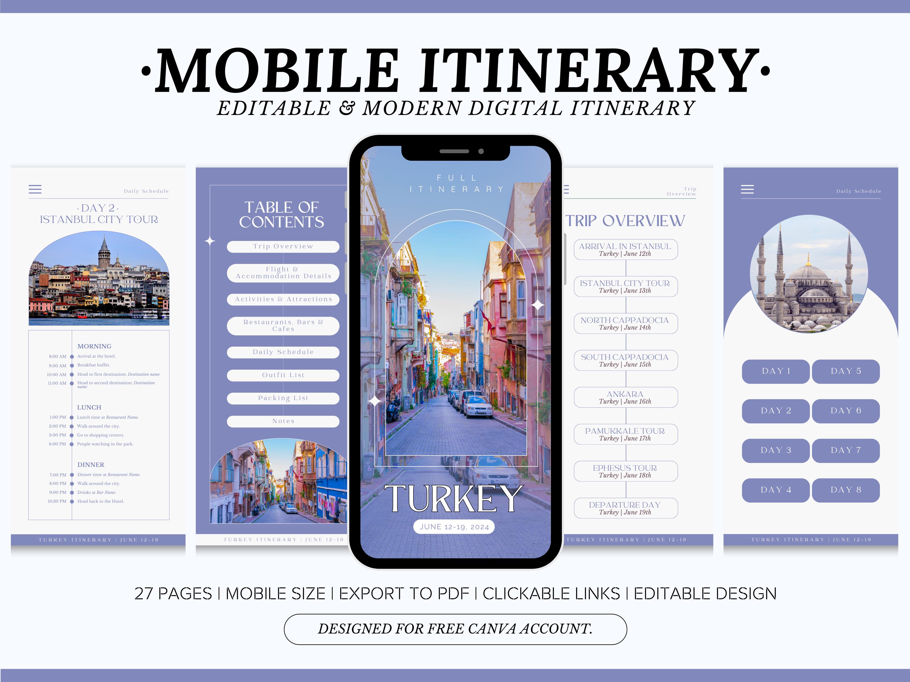 Editable Travel Itinerary Template, Instant Download, Turkey Daily ...